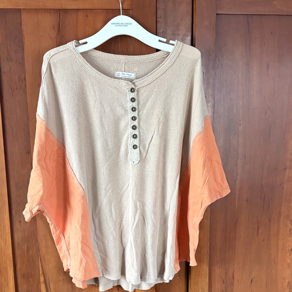 Free People We The Free Beige and Orange Short Sleeve Top